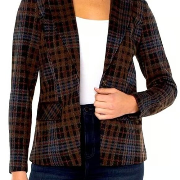 Liverpool Los Angeles Tartan Plaid Notched Blazer Brown and Blue Coat Sz Small - Picture 2 of 6